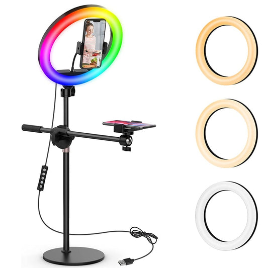 10in Selfie Ring Light RGB RingLight Overhead Tripod Adjustable Shooting Arm For Video Recording,YouTube,TikTok,Live Streaming