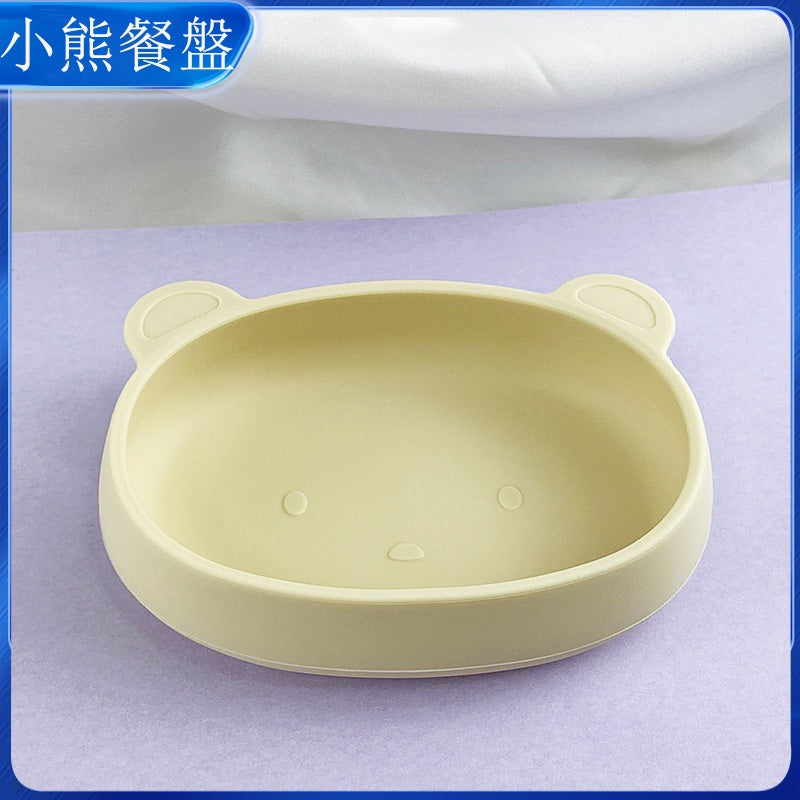 Korean INS Supplementary Food Bowl Little Bear Bowl Children's Tableware Baby Supplementary Food Bowl Spoon Platinum Silicone Baby Dining Plate