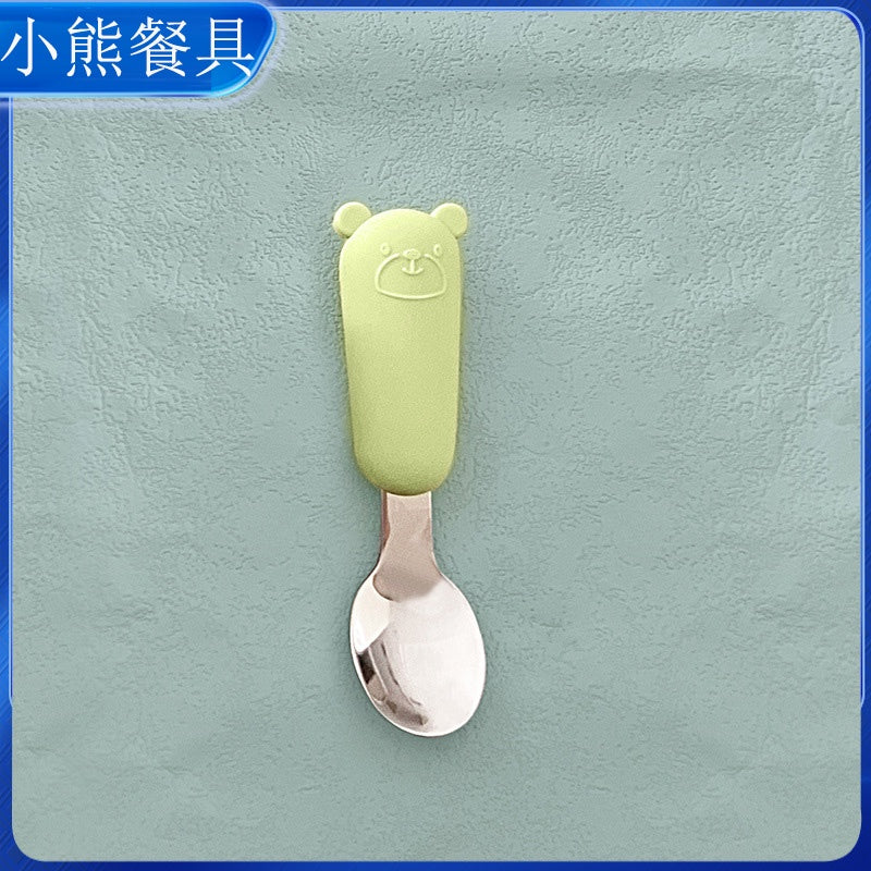 Korean INS Supplementary Food Bowl Little Bear Bowl Children's Tableware Baby Supplementary Food Bowl Spoon Platinum Silicone Baby Dining Plate