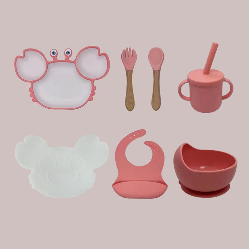 Cartoon crab partition bowl anti-fall and anti-slip complementary food baby plate set integrated silicone plate