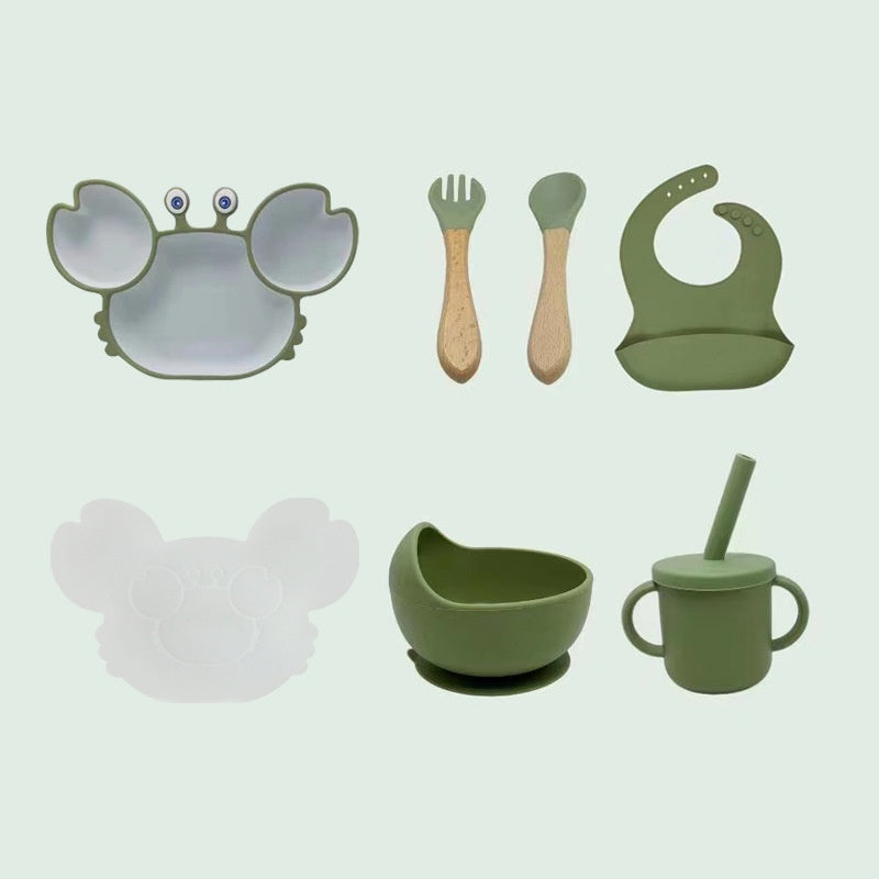 Cartoon crab partition bowl anti-fall and anti-slip complementary food baby plate set integrated silicone plate